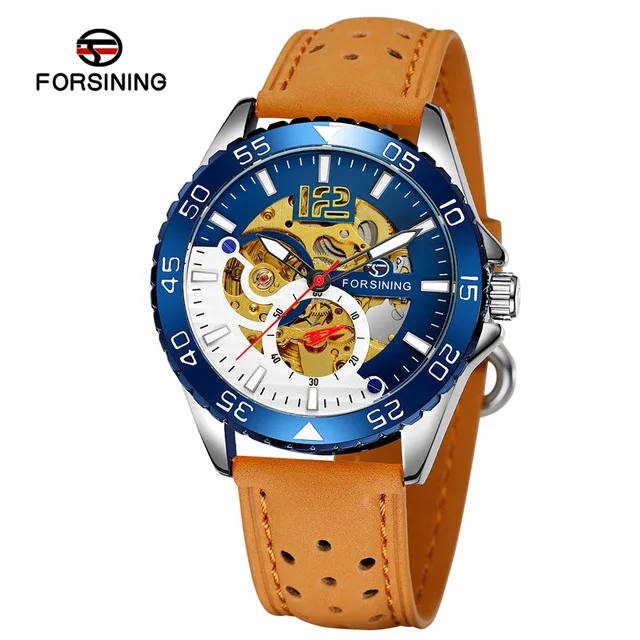 

Forsining Brand Mens Watch Automatic Sports Casual Brown Genuine Leather Strap Skeleton Luminous Hands Mechanical Wrist Watches, 8 colors