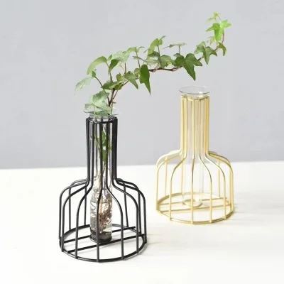 

Metal Black Gold Frame Wrought Iron Flower Glass Vase For Home Decor
