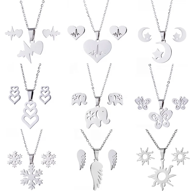 Trendy Non Tarnish Silver Plated Moon Cross Butterfly Heart Pendant Women Ladies Stainless Steel Earring Necklace Jewelry Sets