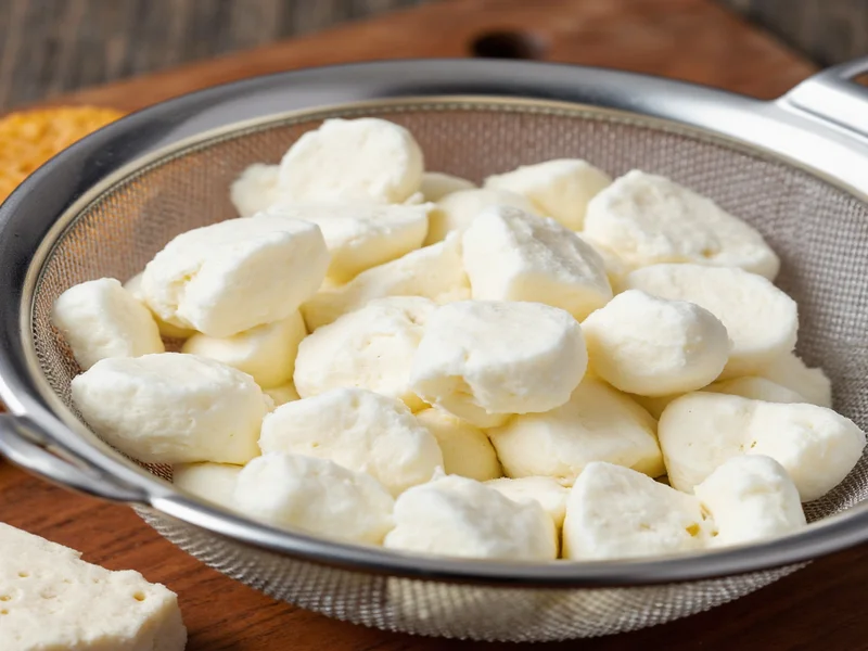 Homemade cream cheese curds in strainer