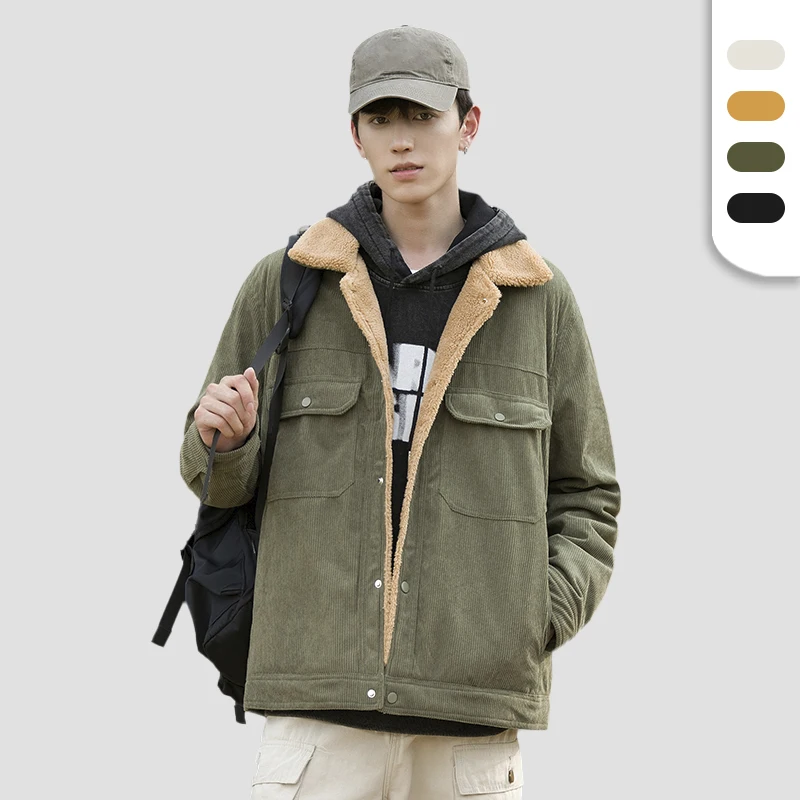 Men's Winter Corduroy Jacket with Warm Fleeced Lining Lapel Collar Cargo Style Cowboy Style Regular Fit Coat