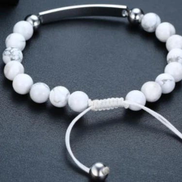 

Customization Engraved Alphabet Braided Rope Stainless Steel Natural Stone Beaded Bracelet, Silver