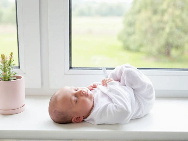 Newborn wrapped in white blanket on windowsill