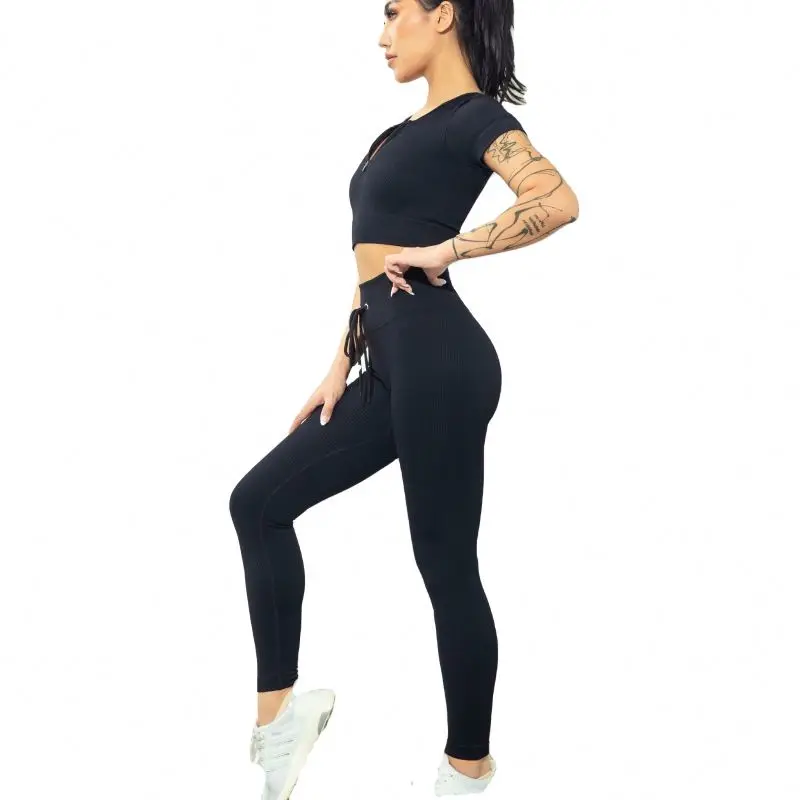 

amazon hot selling sports top and butt lift leggings 2 piece sportswear High waist breathable fitness seamless yoga set, Picture