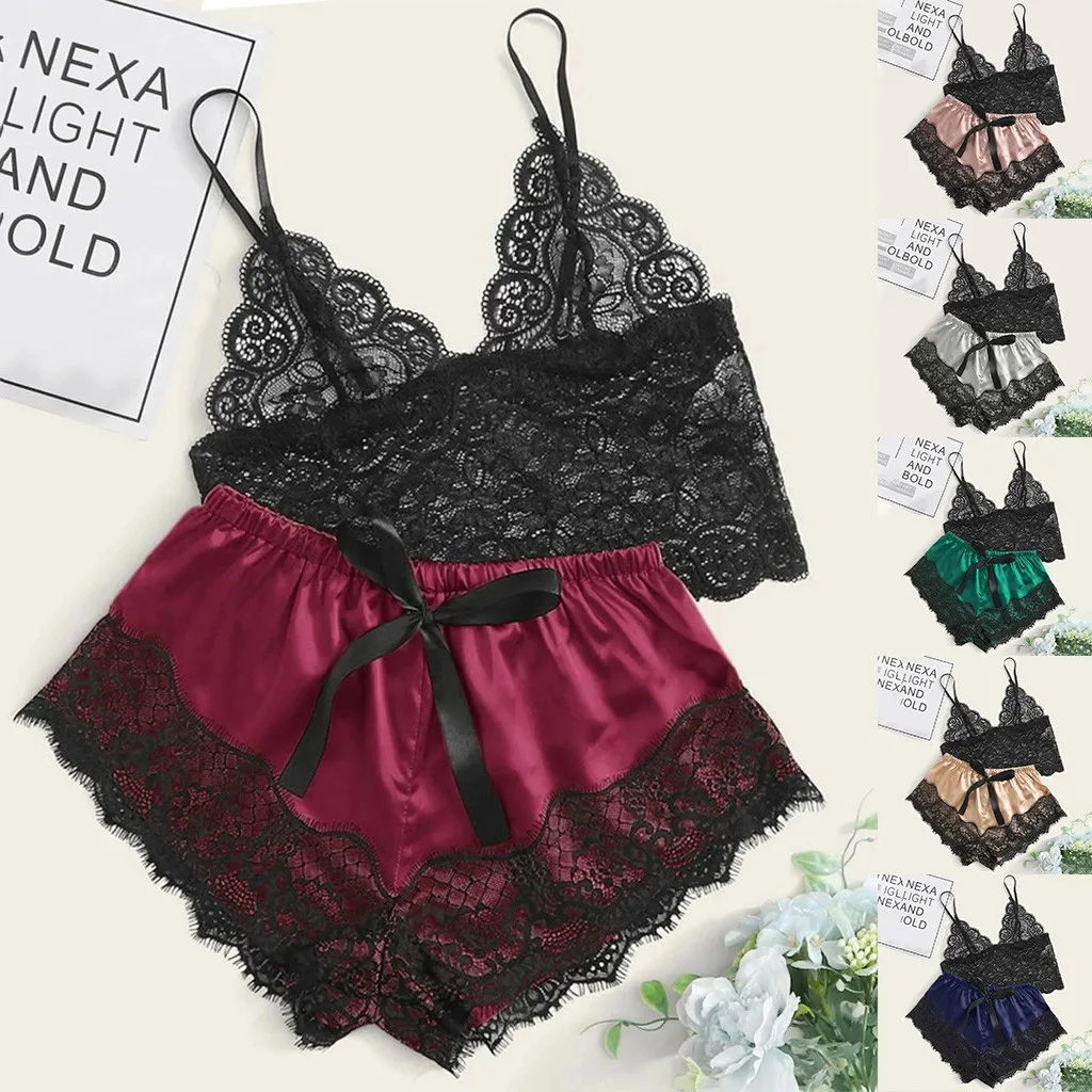 

SFY1105 2Pcs Women Solid Color Lace sleepwear Sets Sexy Satin Lingerie Sets Babydoll Nightwear Sleepwear Silk Lace Sets