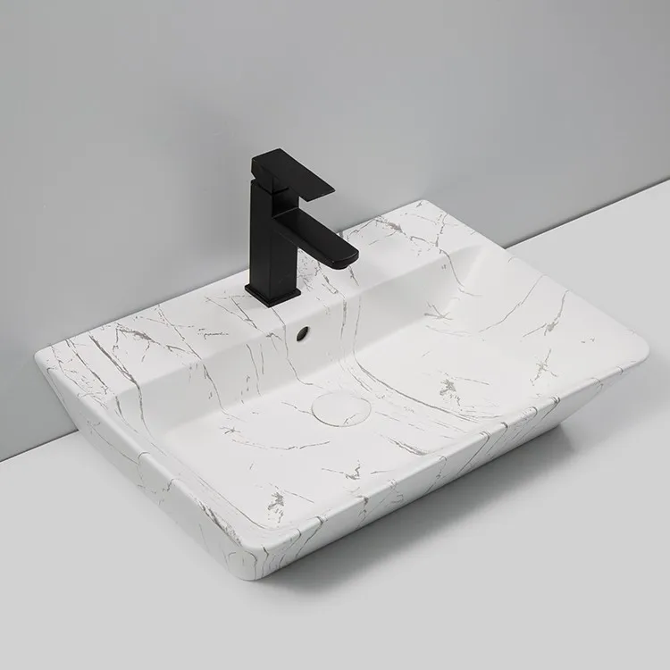 white-marble-bathroom-sink-9765B-P-307-side-elevation-tapered-geometric-walls-carrara-print