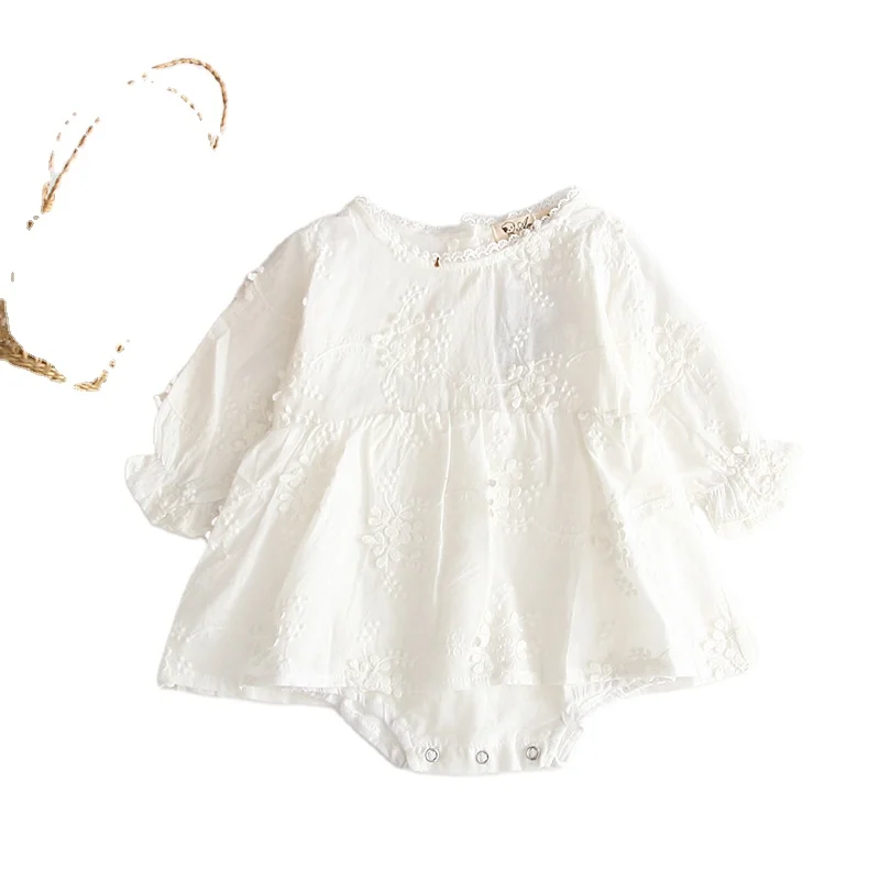 

2021 new girl baby pure white embroidered long sleeved cotton romper children round collar cute jumpsuit, Picture