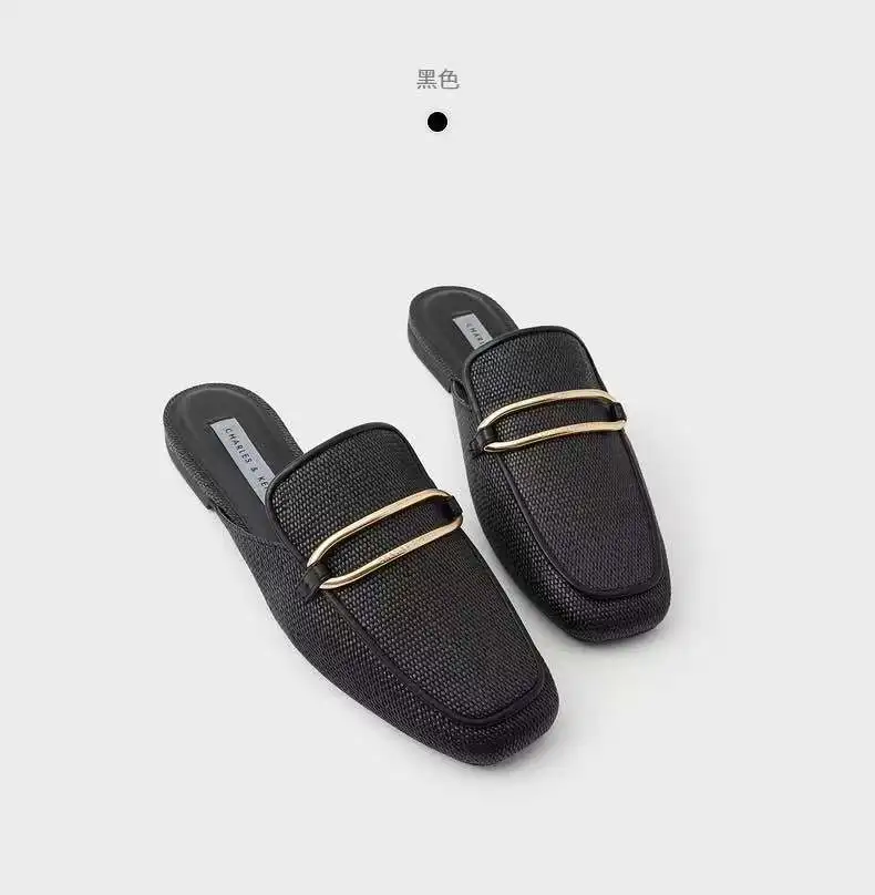 

Brand shoes women summer modern slipper slip on croc effect closed toe metal trim lady loafer mules flat slides for girls