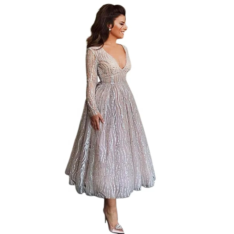 

New Women Sexy Translucent Silver Deep V-neck Long Sleeve Slim Big Hem Long Dress Dance Party Evening Dress