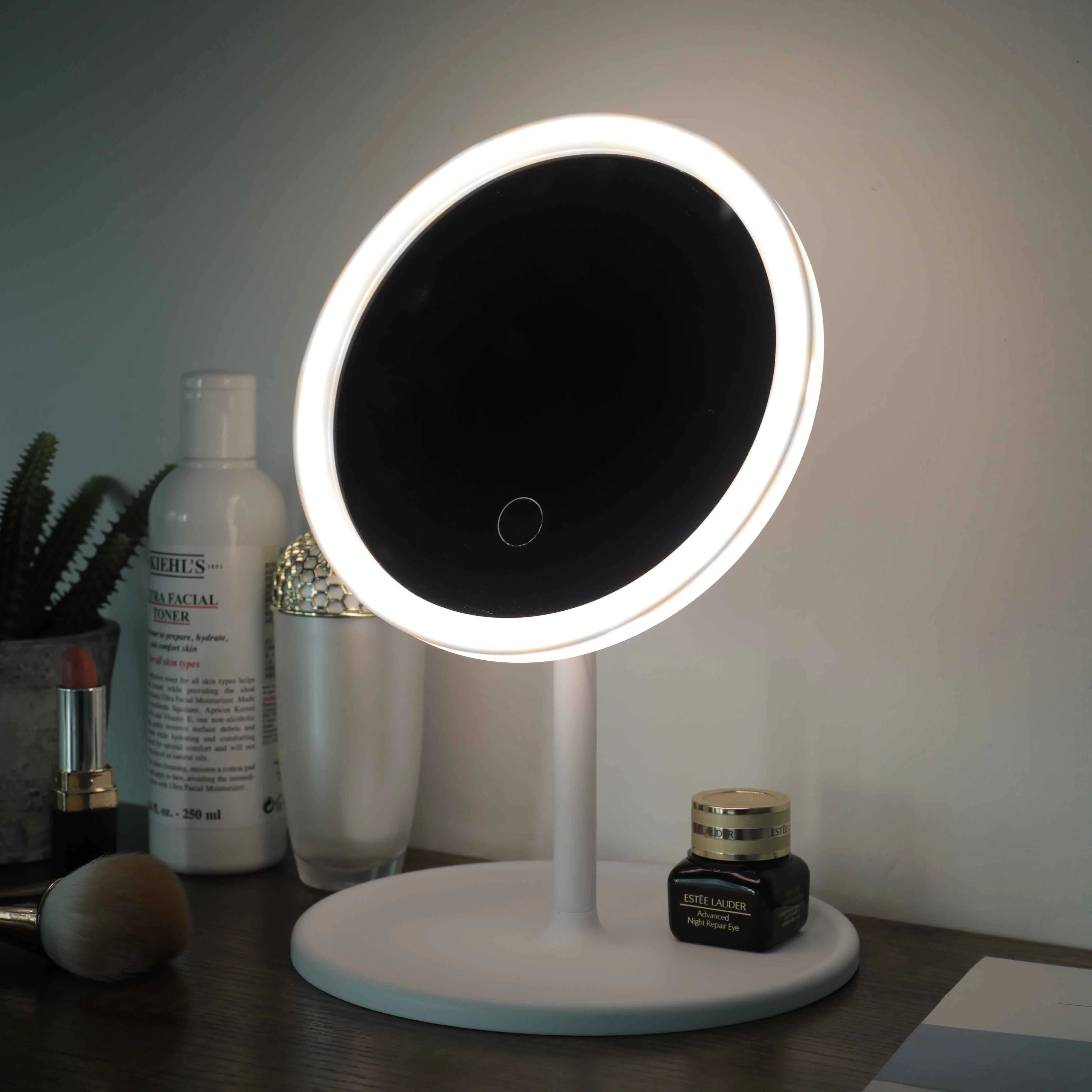 

custom logo small round plastic and glass table cosmetic make up decorative led vanity mirror smart makeup mirror with light, White,pink