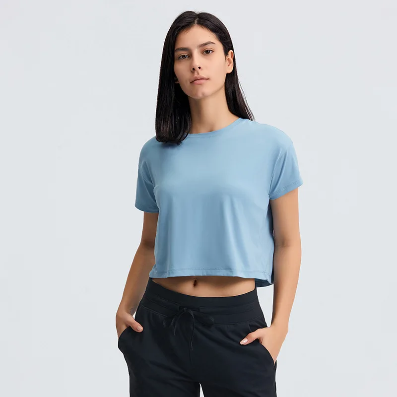 Short Sleeve Boxy Yoga Running Cropped Basic Tee Women's Workout Crop Top T-Shirt Women's Sports T-shirts