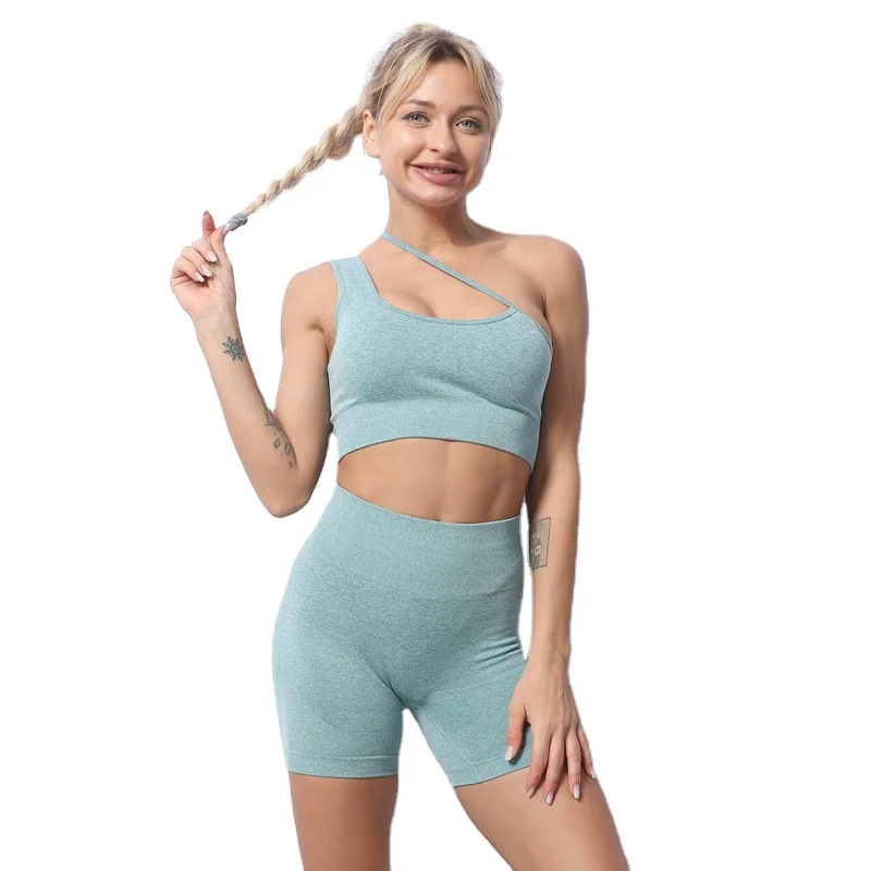 

2022 amazon hot selling women fitness one shoulder bra high waist yoga shorts 2 pcs yoga set, Pink/grey/red/dark green/light blue