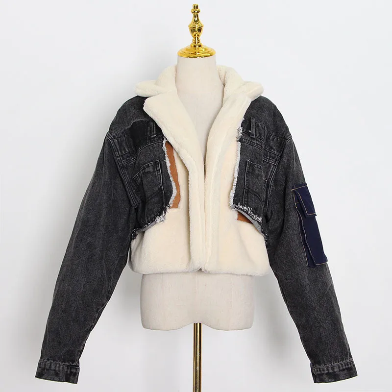 

Winter Coat Lamb Hair Inner Deerskin Jean Patchwork Coat Oversized Denim Jacket For Woman Ladys, Picture color