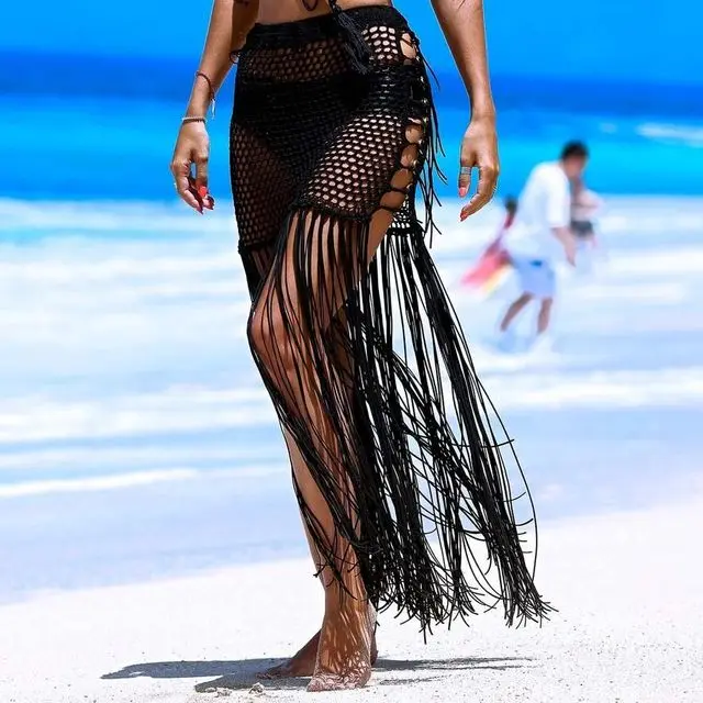 

2021 Fashion Bohemia Hand-woven Crocheted Hollow Out Tassel Skirt Women Sexy Bikini Wholesale Summer Boho Beachwear, 5 colors