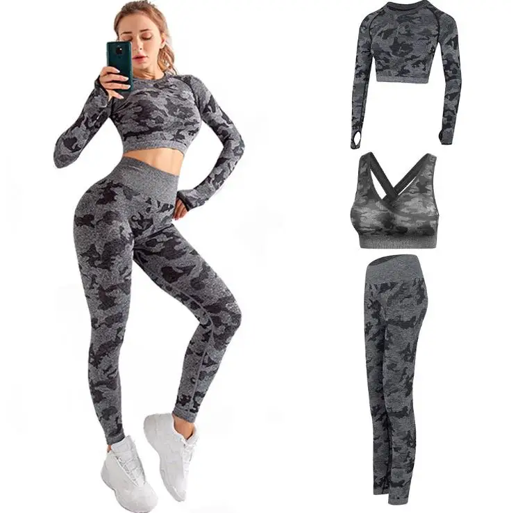 

High Qualit custom logo tracksuit 3pcs Camouflage Printed Women Yoga Set Clothes Fitness Wear