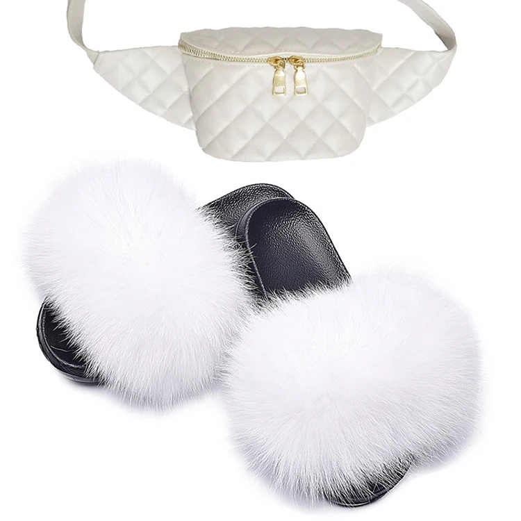 

Wholesale Sandals Matching Bags Set Soft White Fur Slippers Fashion Women's Slippers, Customized color