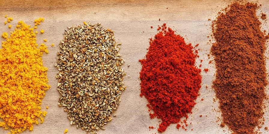 Colorful spice jars lined up on a kitchen shelf
