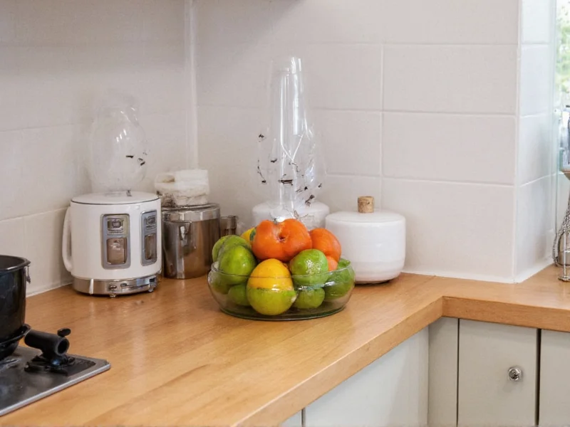 Multiple homemade fruit fly traps placed strategically in kitchen