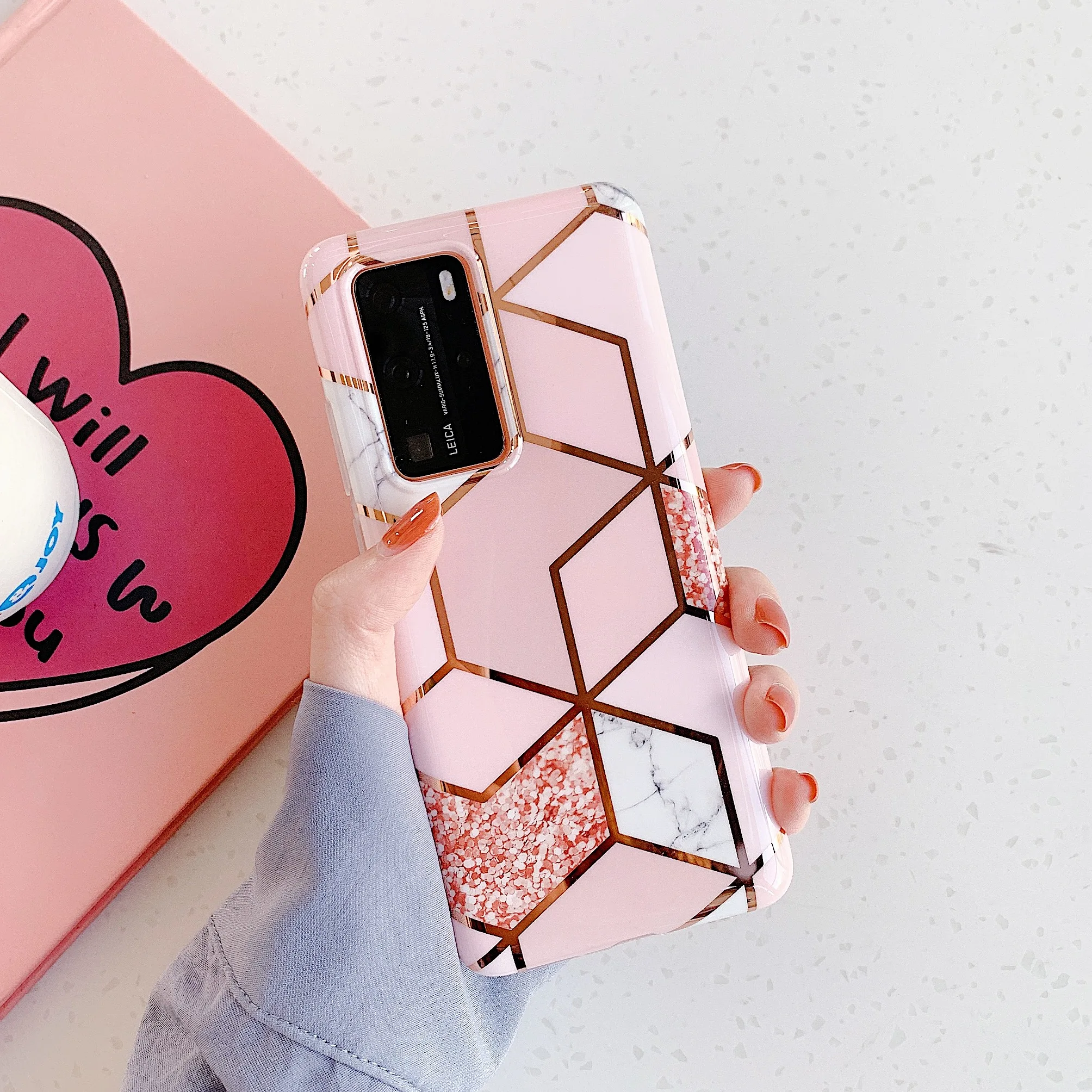 p40大理石图案柔软imd tpu少女几何全身几何菱形手机壳 - buy 华为