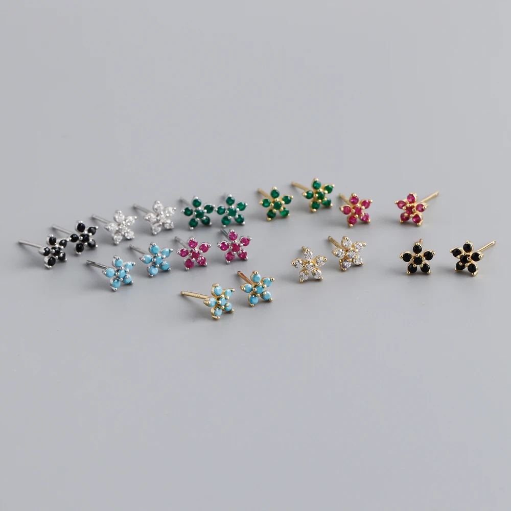 Fashion 925 Silver minimalist cute flower shape gold plated Green Black Stones stud earring women jewelry