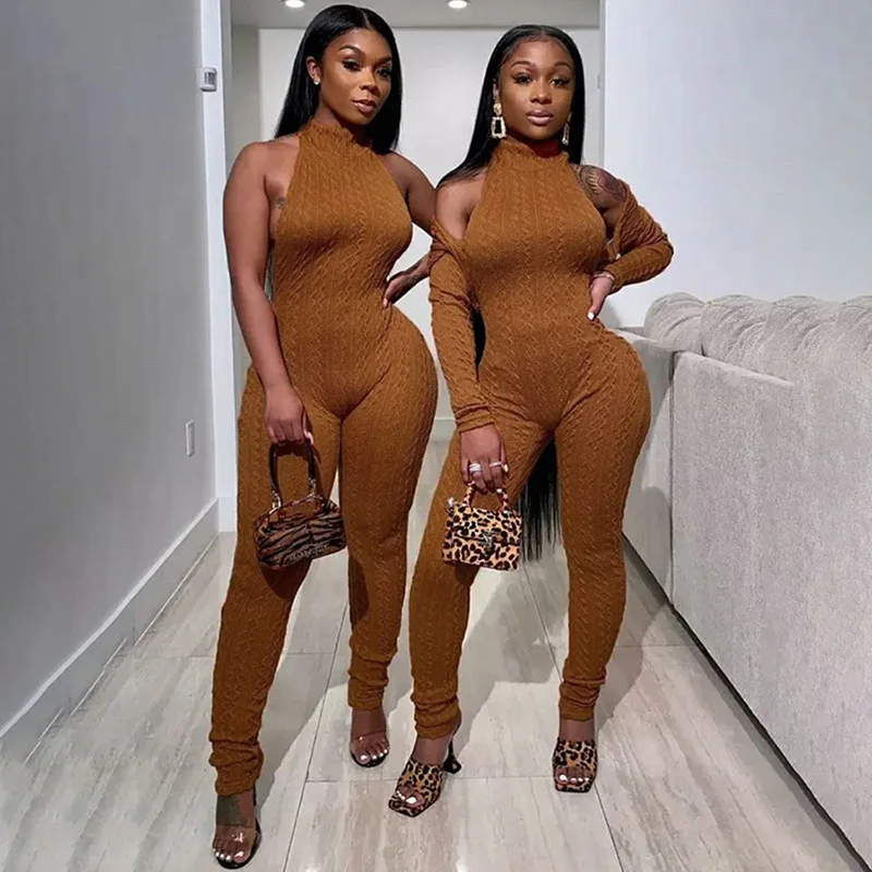 

trendy suit set for female fall 2021 brown 2 Two piece sweat pants set Knitting Suit Stretch Pants Set Woman Autumn Jumpsuit, Customized color