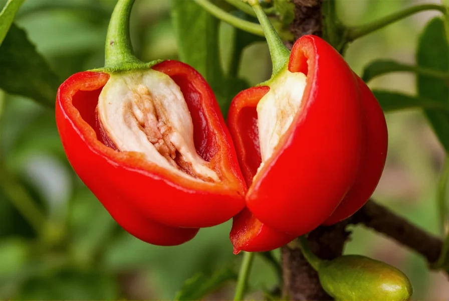 Close-up photograph of red ghost chili peppers growing on plant with visible white ribs inside a cut pepper showing capsaicin concentration