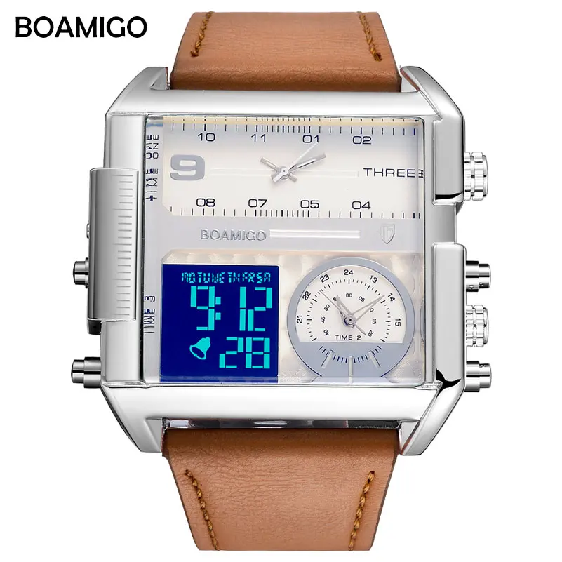

BOAMIGO brand men sports watches 3 time zone big man fashion military LED watch leather quartz square wristwatches