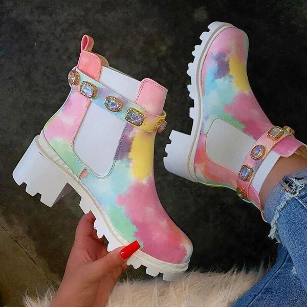 

2021 Winter New Ladies Tie Dye Ankle Boots Low Heel Solid Color Heel Boots Fashion Women's Boots, Picture