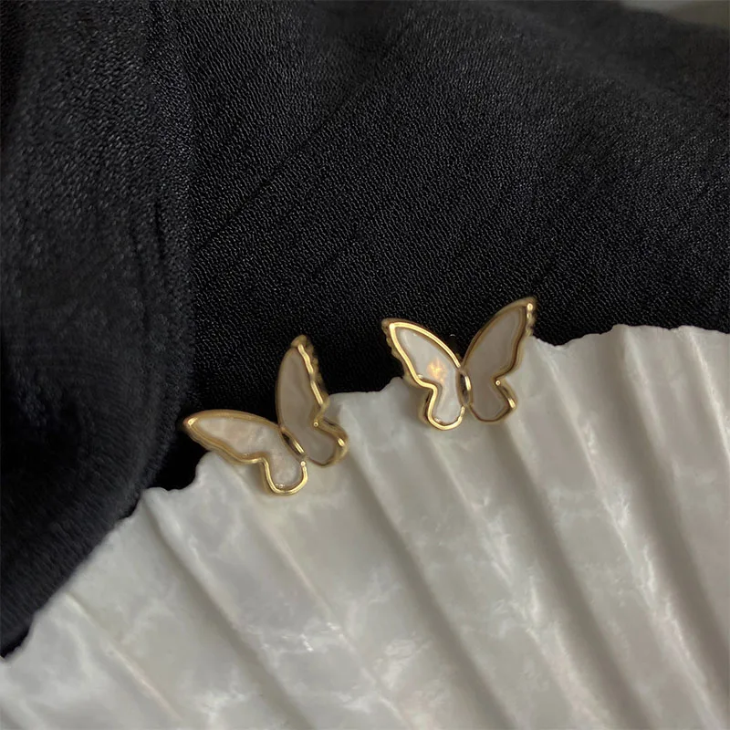 

925 Sterling Silver Needle Gold Plated Tiny Shell Butterfly Stud Earrings Mother Pearl Butterfly Stud Earrings