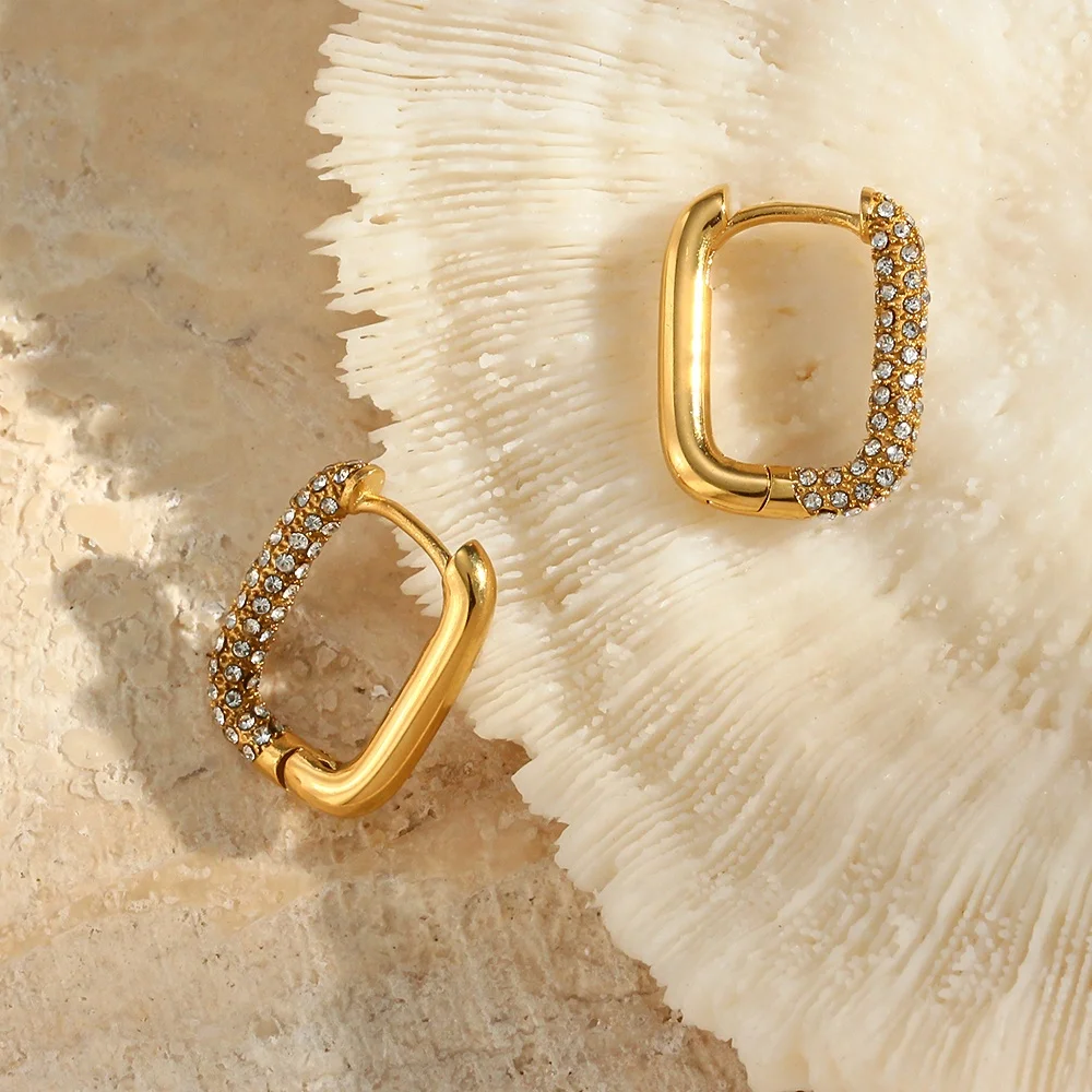 

Elegant Geometric Zircon Huggie Earrings Diamond Square Hoop Earings Gold Plated Stainless Steel Hoop Earring
