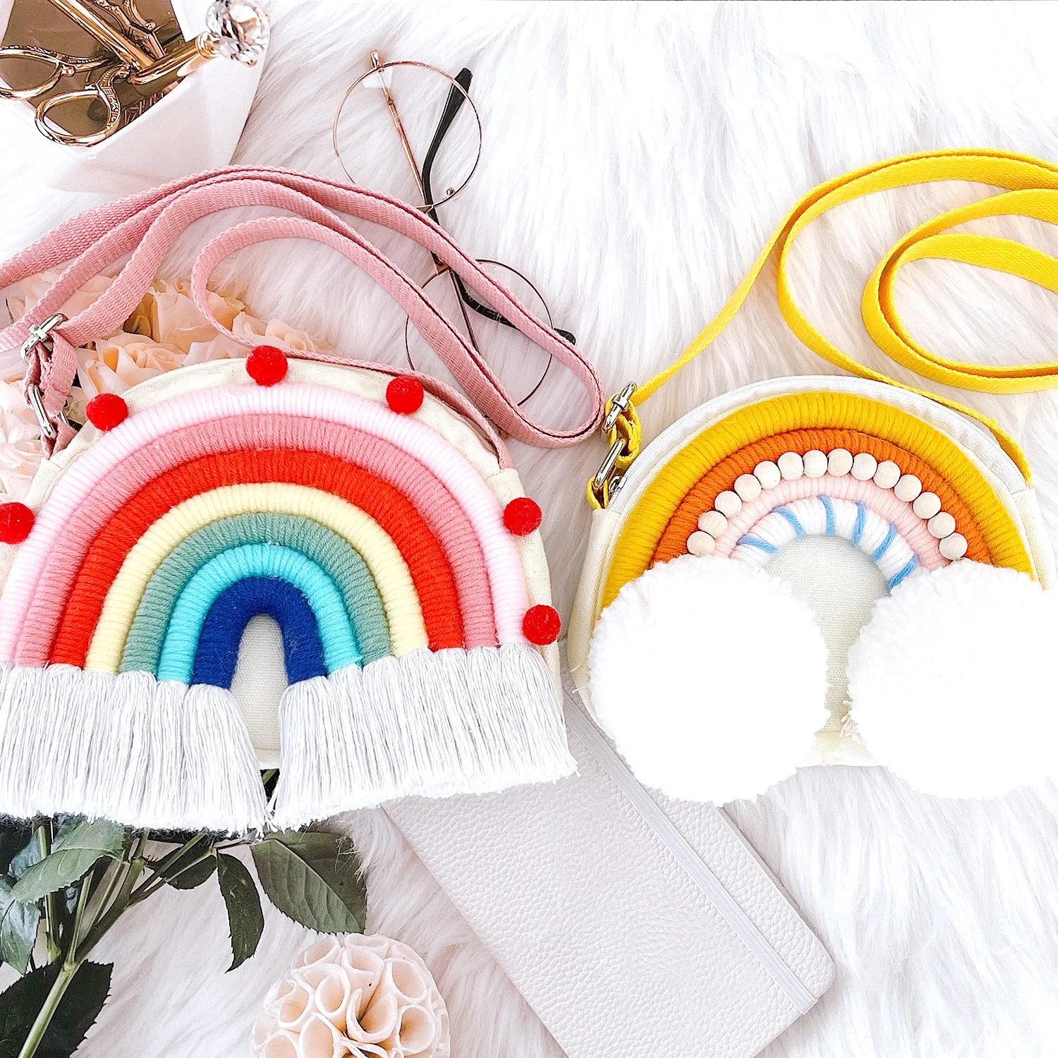 

New Rainbow Shoulder Zipper Purses For Women Girls Kids Macrame Tassels Cute Messenger Bags Wall Hanging Storage Bag Home Decor, Multi color