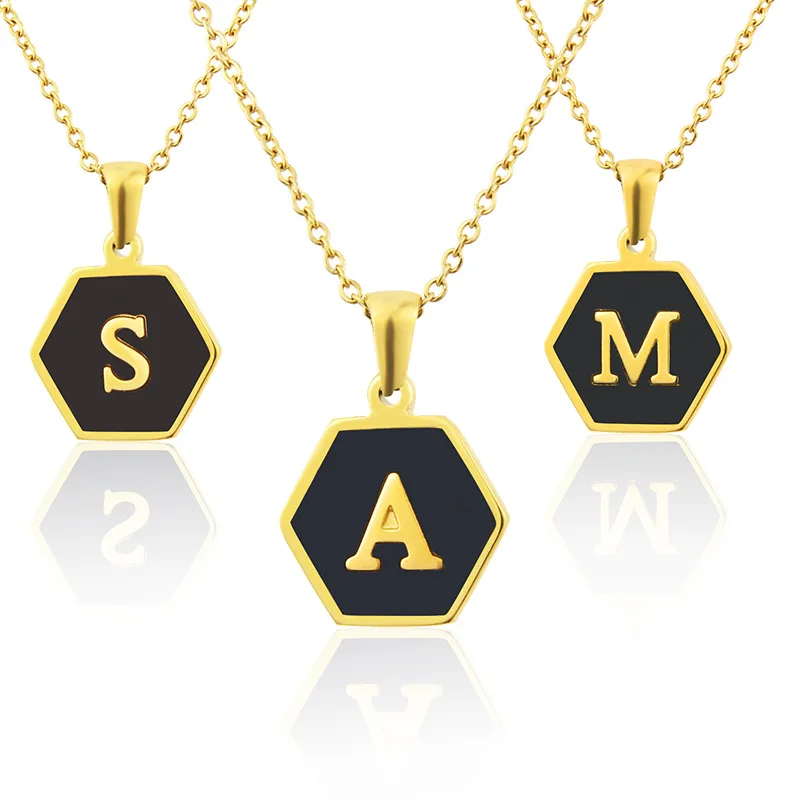 

Customized Gold Plated Jewelry Women Pendant Necklaces Hexagonal Black Acrylic Letter Simple Titanium Steel Pendants Necklaces