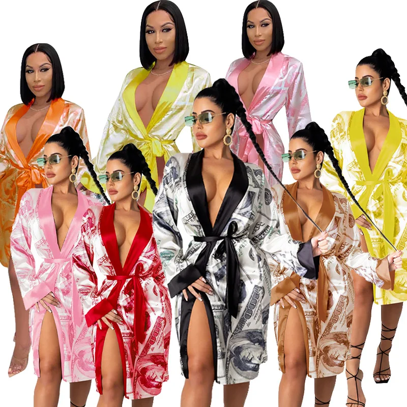 

Fashion Dollar Print Sexy Longue Women Home Pajamas Bathrobe Luxury Silk Satin Nightgown Money Bath Robe