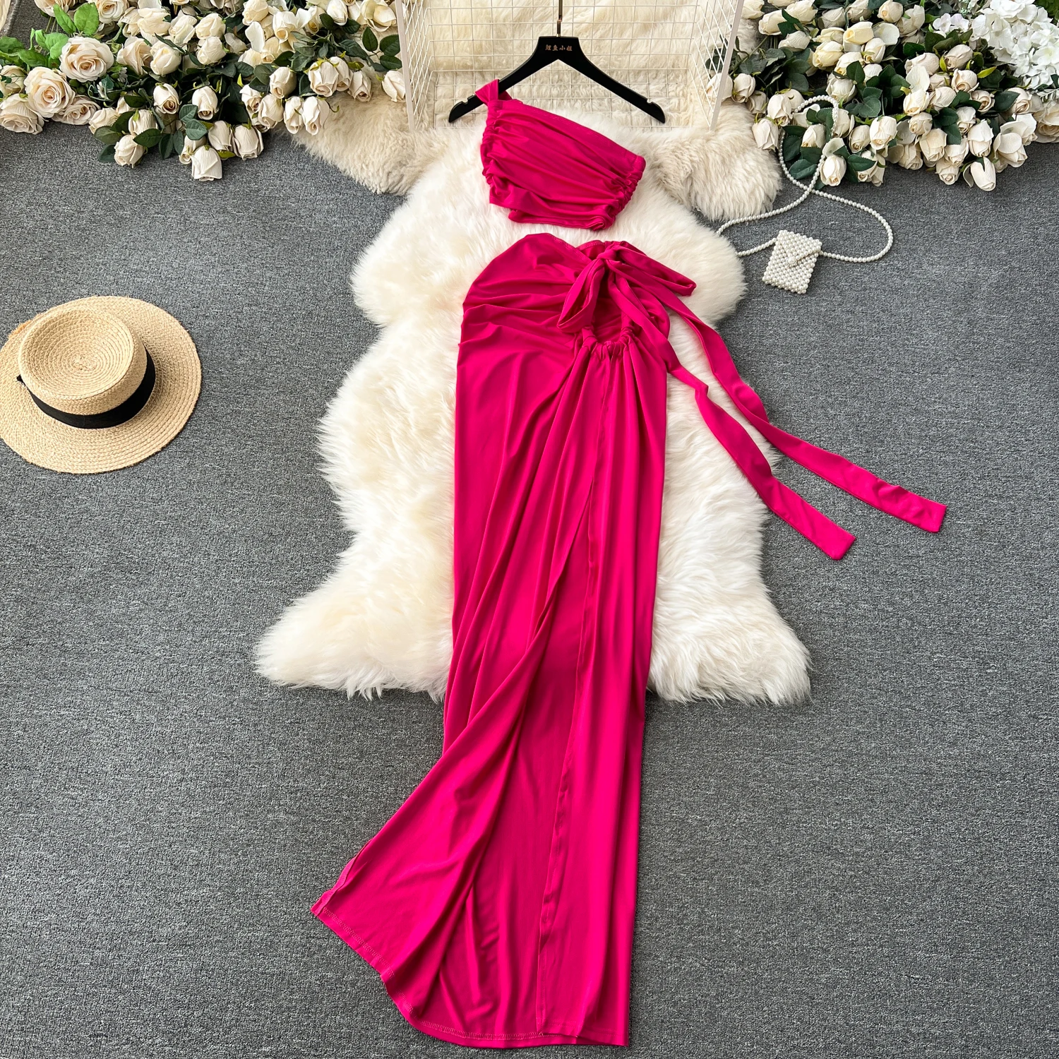 

Women's Vacation Suit Fashion Slant Shoulder Vest High Waist Tie Split Long Skirt