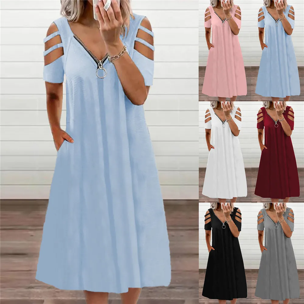 

IDS summer zipper solid color casual dress sexy V-neck plus size women's dresses, 6 colors