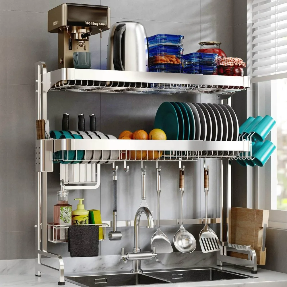 

2 Tier Over Sink Dish Drying Rack, Stainless Steel Storage Expandable Kitchen Dish Rack (24.4'' - 38.19''), Large Dish Drainer, Silver,black