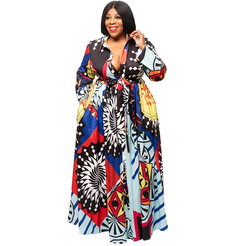 

women's plus size autumn long sleeve turn down collar sexy v neck south african style printed ruffle maxi dress