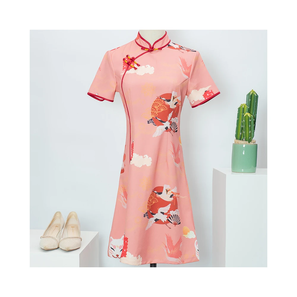 

Hot Sale Pink Sexy Chinese Style Casual Women Dress Cheongsam