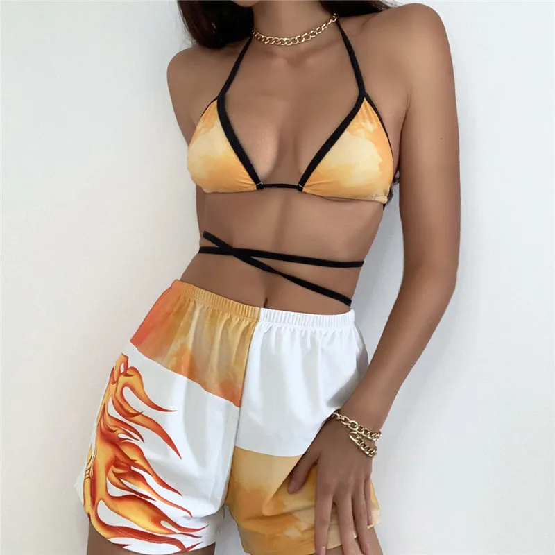 

2021 New arrivals sexy lace-up bikini three-piece shorts split swimsuit for women, Picture showed