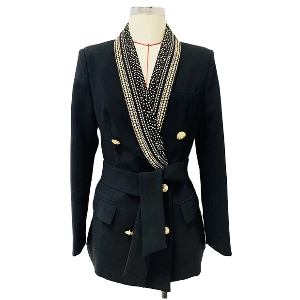 

2022 new arrivals wholesale office lady blazer jacket classic shawl collar rhinestone embellished women blazer jacket