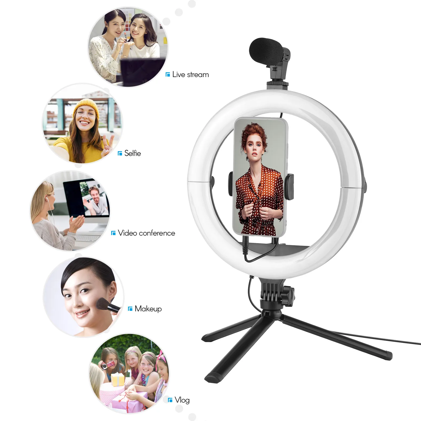 

Foldable 10 Inch LED Ring Light Kit 128Beads 3000K-6500K Tripod Microphone Phone Clip for Live Stream Vlog Video Shooting