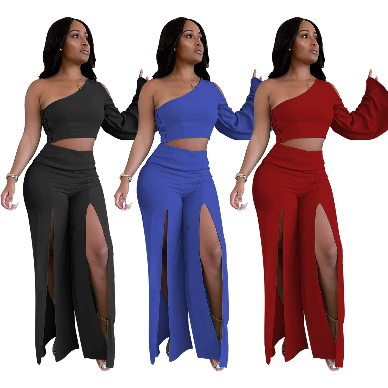

2022 New Design One Shoulder Crop Top And Split Pants Set Women Clothes Strapless Single Sleeve Top 2 Piece Set