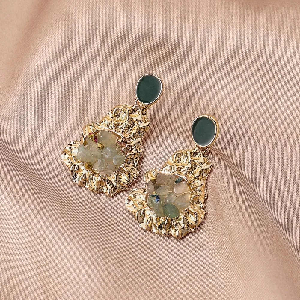 

Newest Real Gold Plated Green Oil Drop Irregular Geometry Earring Exaggerated Diamonds Inlaid Crushed Stone Pendant Earrings