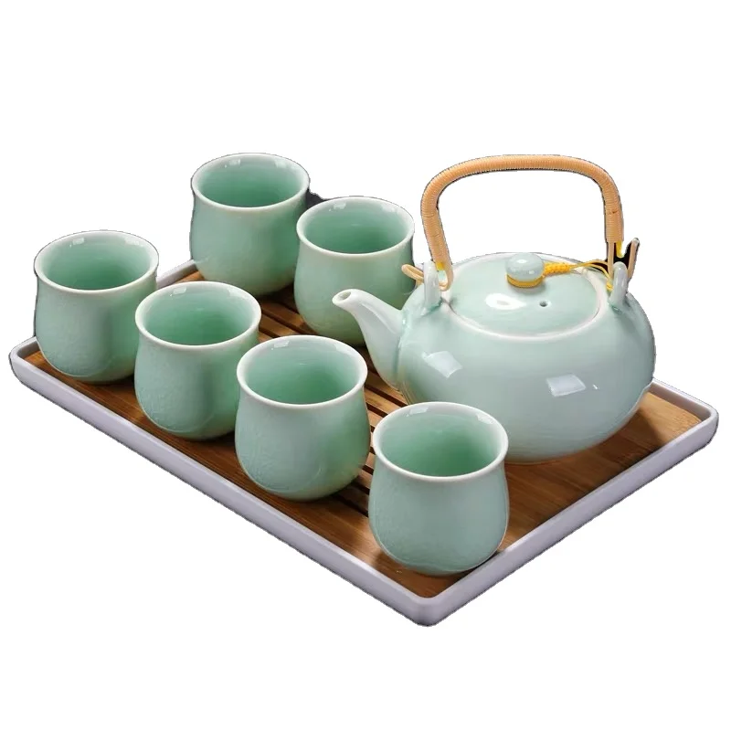 

7pcs Teaset a Pot With Loop Handle Geyao Ceramic Kung Fu Tea Set Large-Capacity Glaze Teapot Business Gifts Customized Tea Set, Green