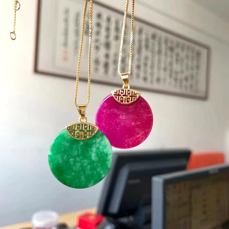 

Jialin INS natural gemstone green fuchsia pink greek round shape 7a jade dragon jade pendant necklace