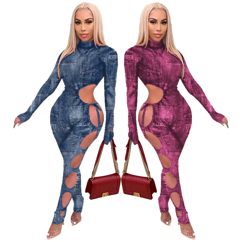 

Female fashion casual jumpsuits for women Sexy denim print unilateral cutout tie nightclub casual jumpsuit