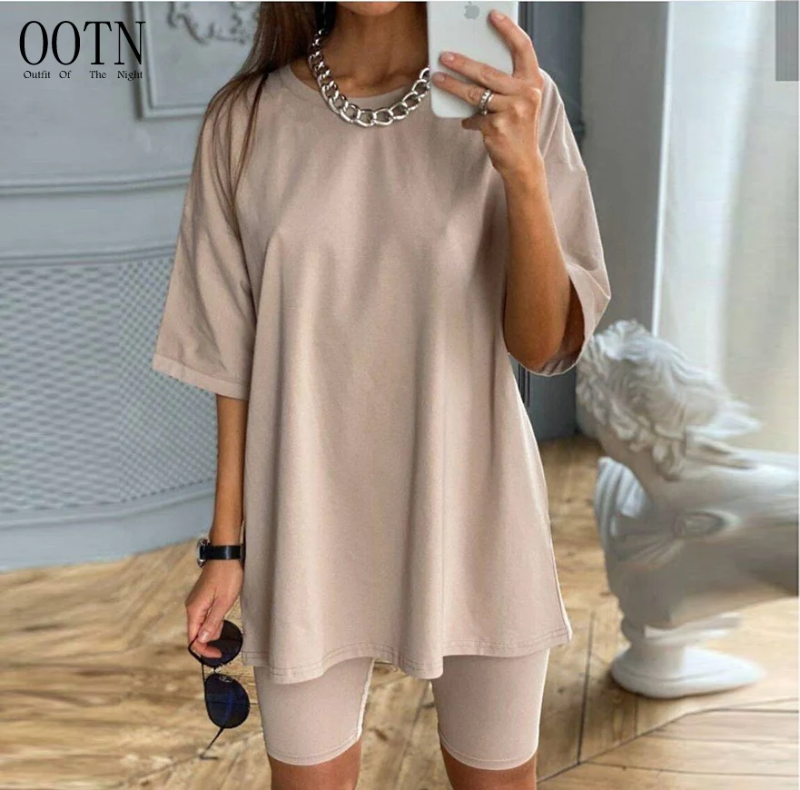 

OOTN Summer O Neck Short Sleeve Shirt Tops And Bodycon Shorts Bottom Fashion White Khaki Sexy Women Suit Two Piece Sets Outfit