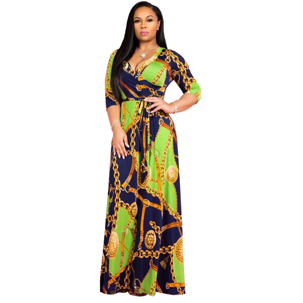 

Hot Sale Elegant Ladies 3/4 Plus Size Long Sleeve V Neck Printed Maxi Dress Woman with Bandage ady clothes dresses, Customized colors