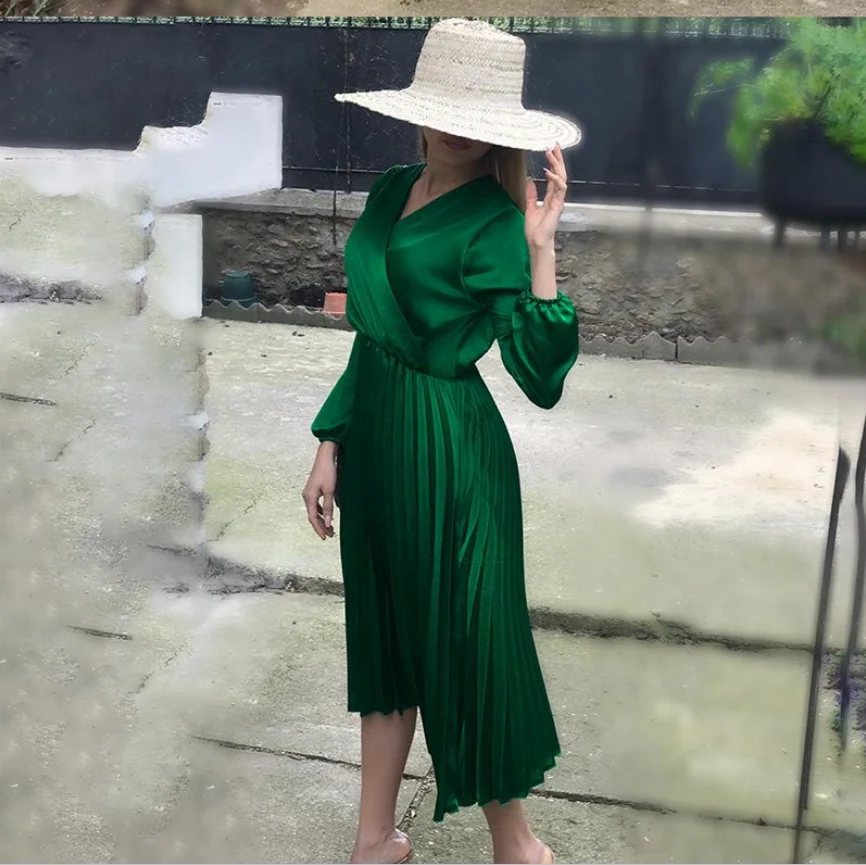 

Elegant Women Long Sleeve Midi Dress Ladies V Neck Party Dress Evening Pleated Dress