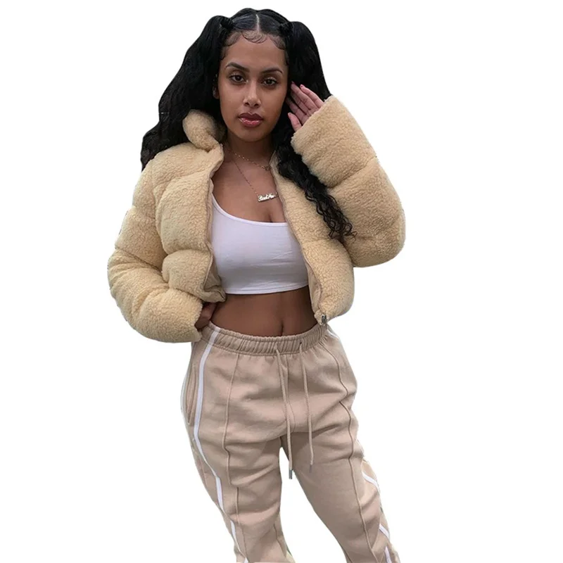 

2020 Winter Wear Warm Women Cropped Drawstring Furry Teddy Loose Coat Ladies Girl Cotton Bubble Puffer Jacket, Picture